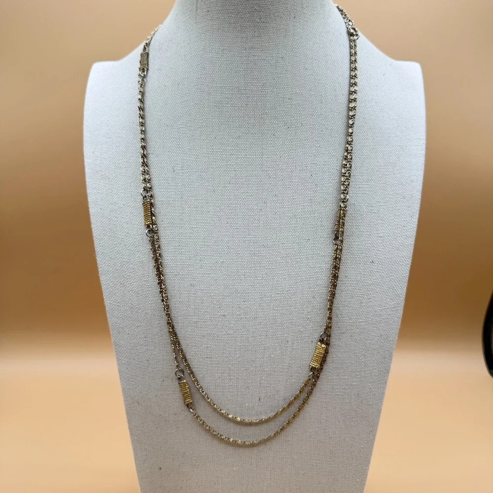Two Tone Silver & Gold Tone Double Strand Byzantine Chain Necklace Statement